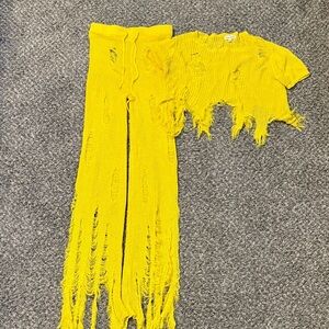 Distressed Knit Two-Piece Set in Bright Yellow